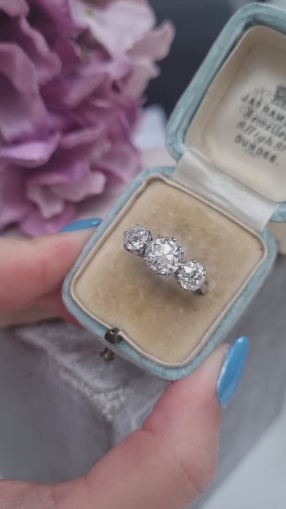 Antique 2.9ct Old Mine Cut Diamond Three Stone Engagement Ring
