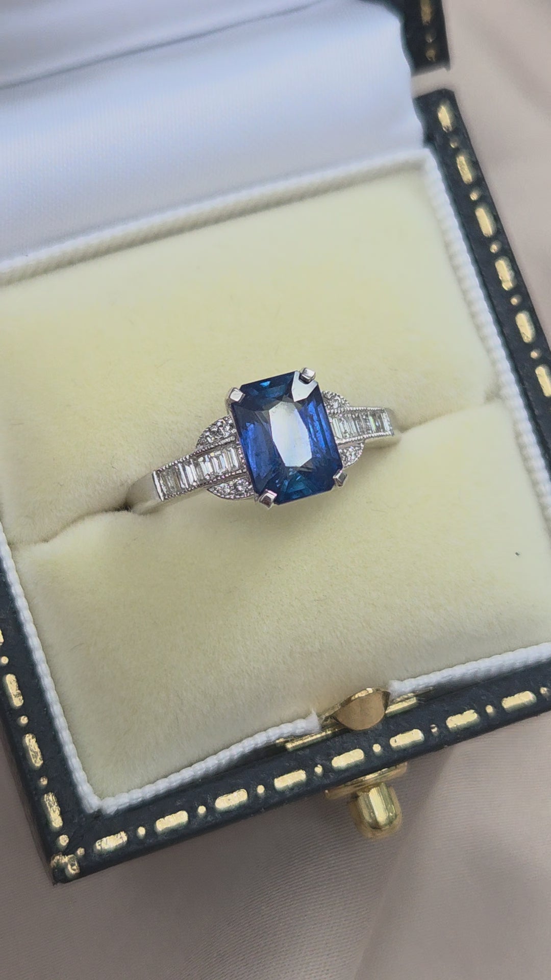 2.18ct Emerald Cut Sapphire and Baguette Diamond Engagement Ring