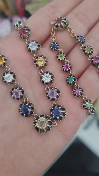 Antique Multi Gemstone Harlequin Riviere Necklace