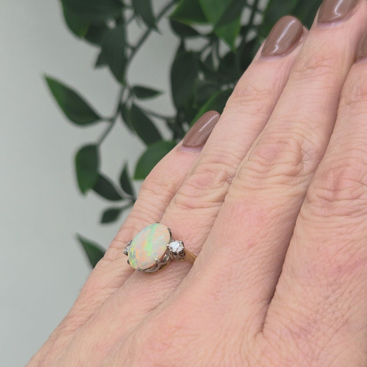Antique Opal and Diamond Three Stone Engagement Ring