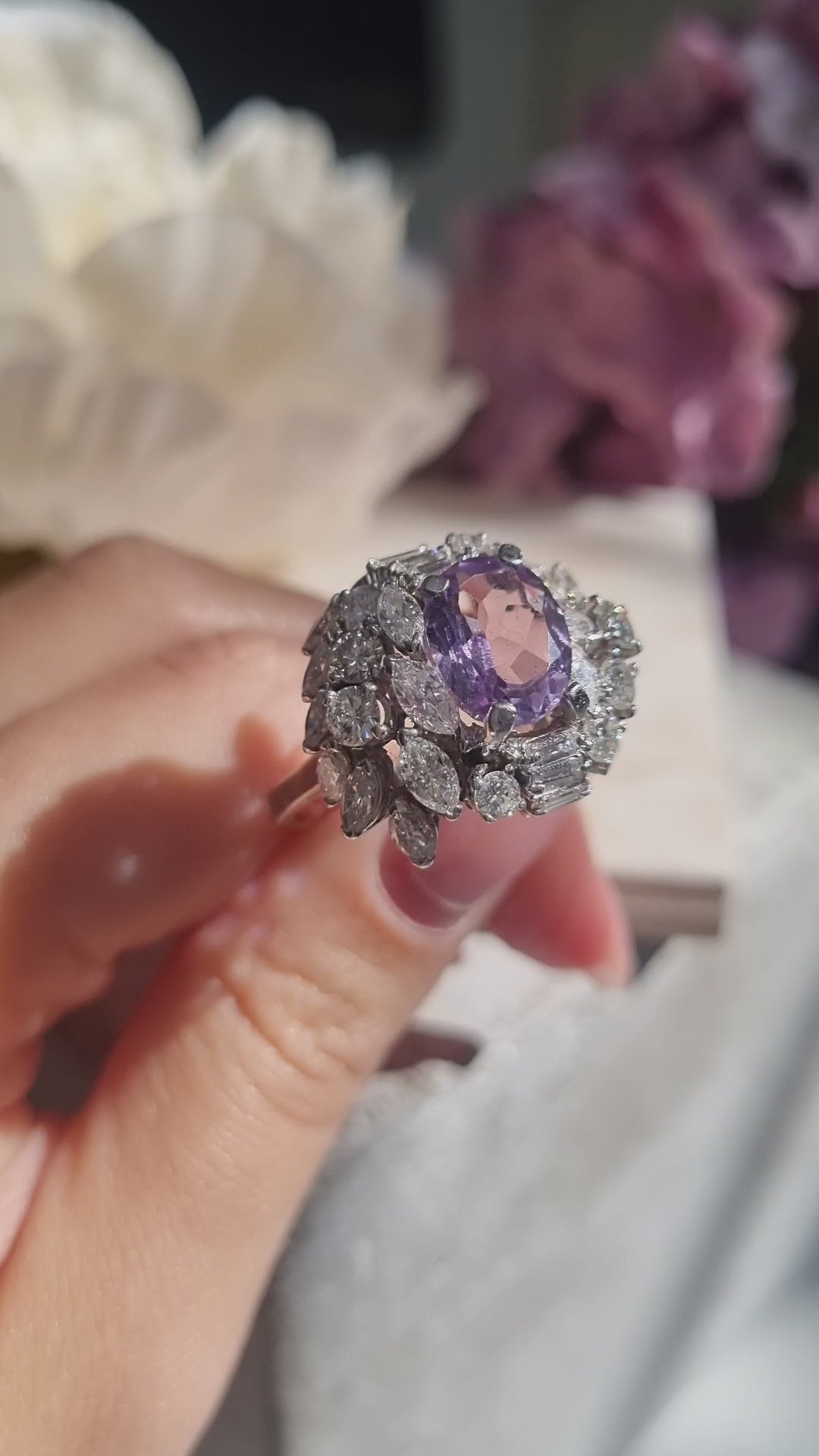 Vintage Lilac Amethyst and Diamond Cluster Cocktail Ring