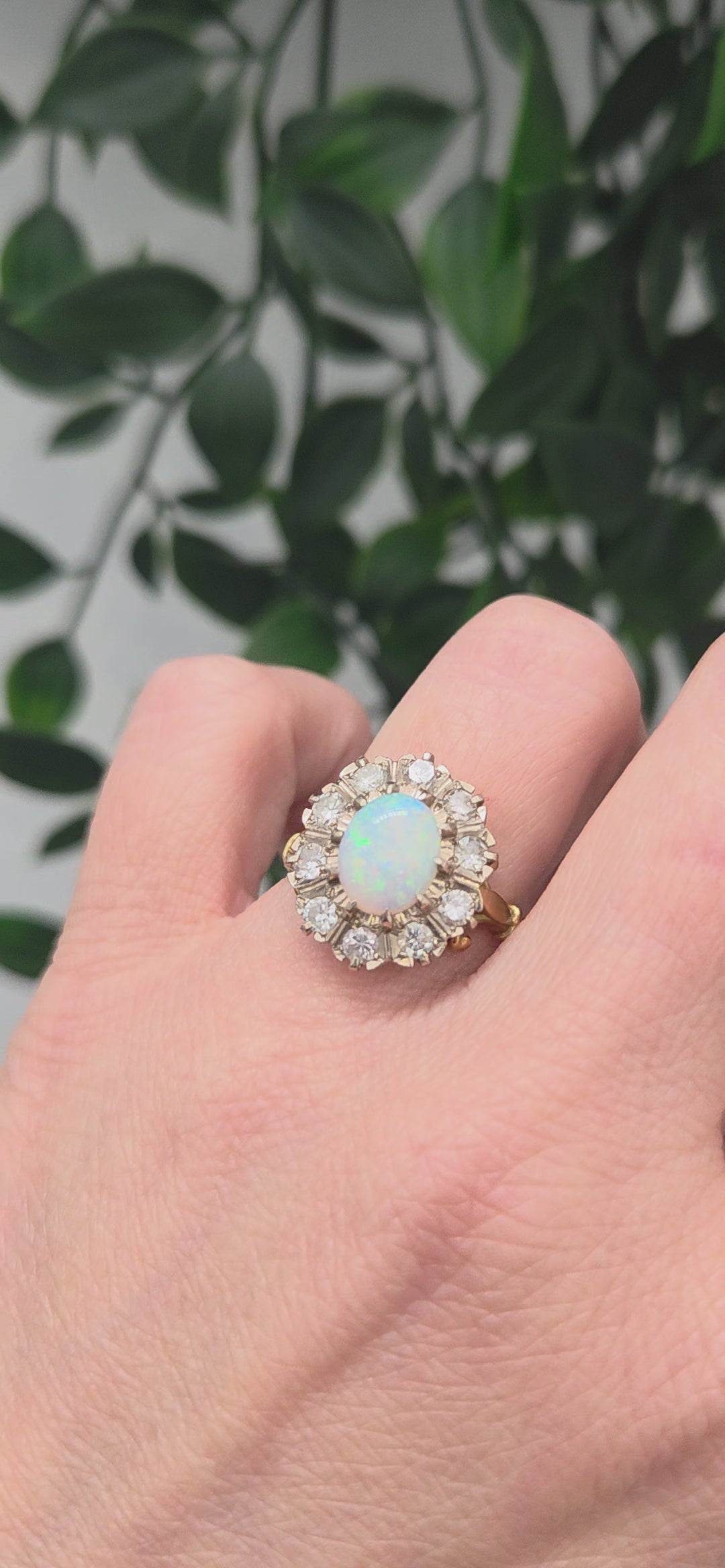 Vintage Opal and Diamond Oval Cluster Engagement Ring, 18ct Yellow gold.