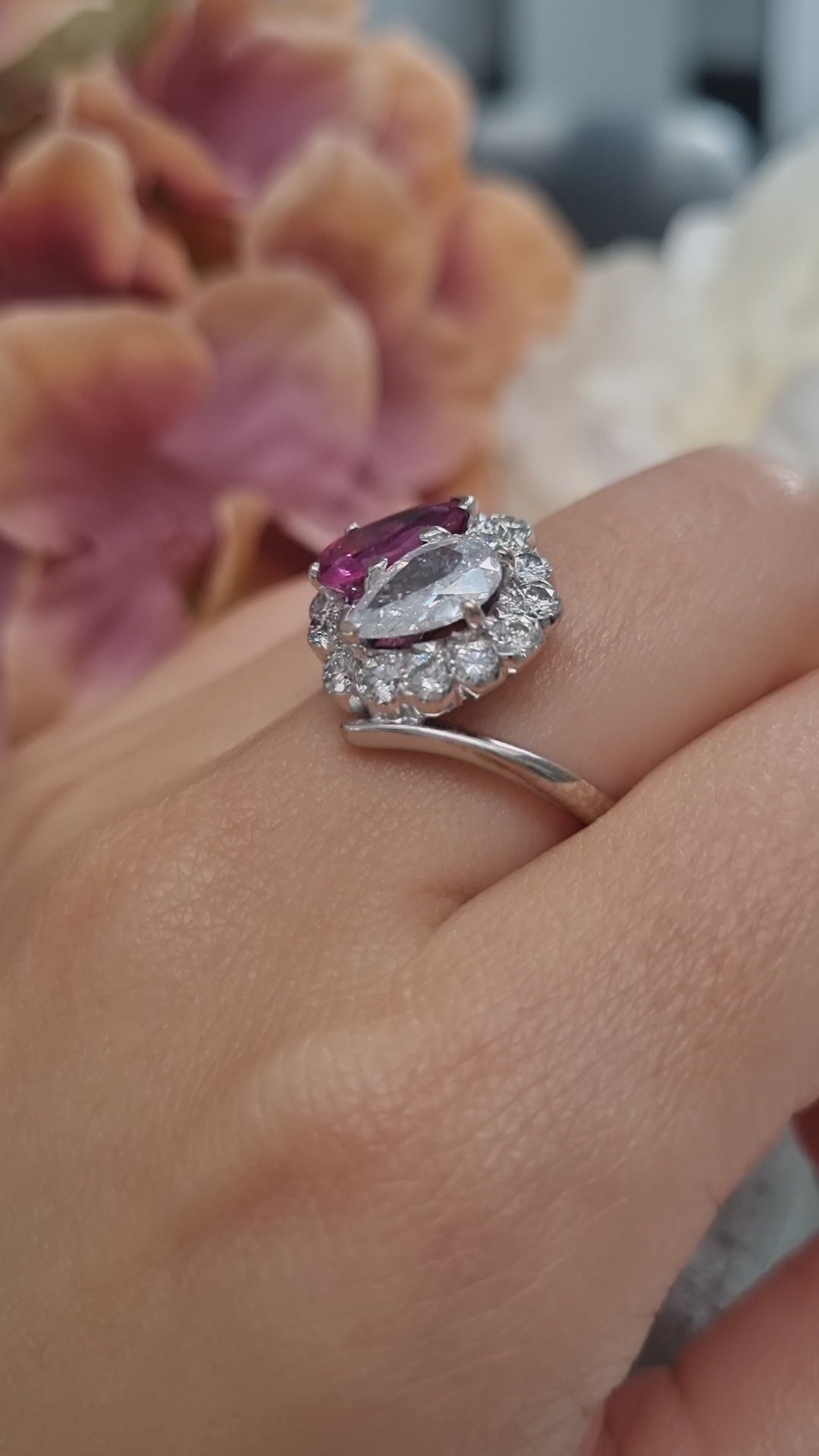 Antique Pear Shape Old Cut Ruby and Diamond Two Stone Toi et Moi Cluster Ring