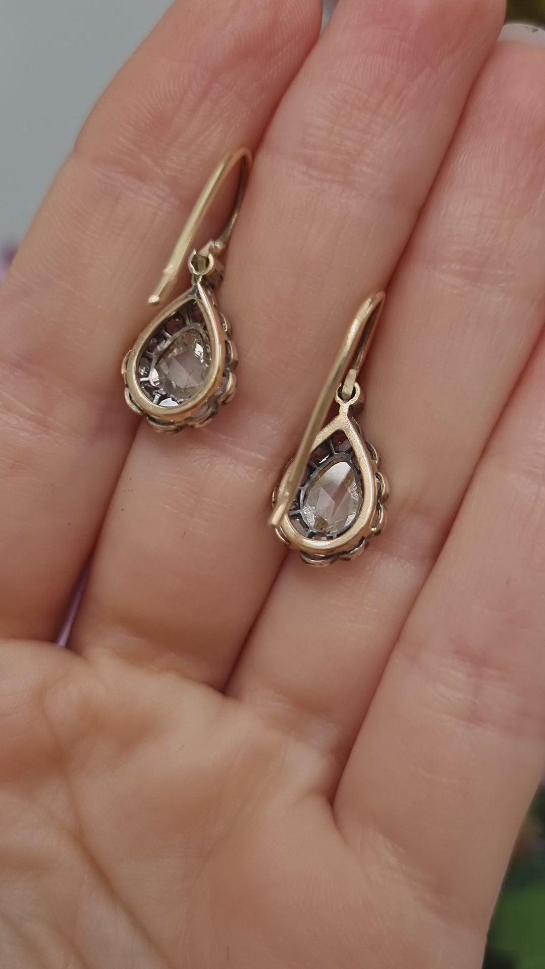 Antique Rose Cut Diamond Pear Shape Cluster Drop Earrings