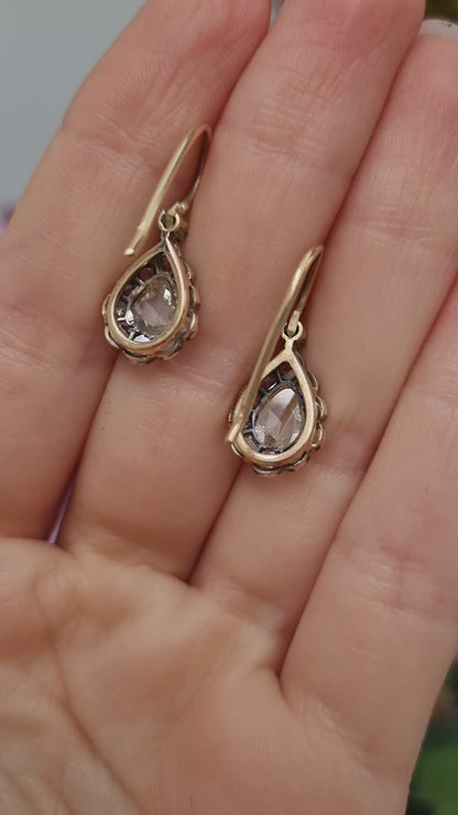 Antique Rose Cut Diamond Pear Shape Cluster Drop Earrings