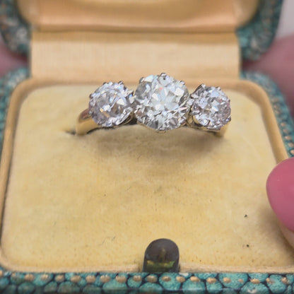 Antique Vintage Art Deco Old European Cut Diamond Trilogy Engagement Ring, 3.20 carats