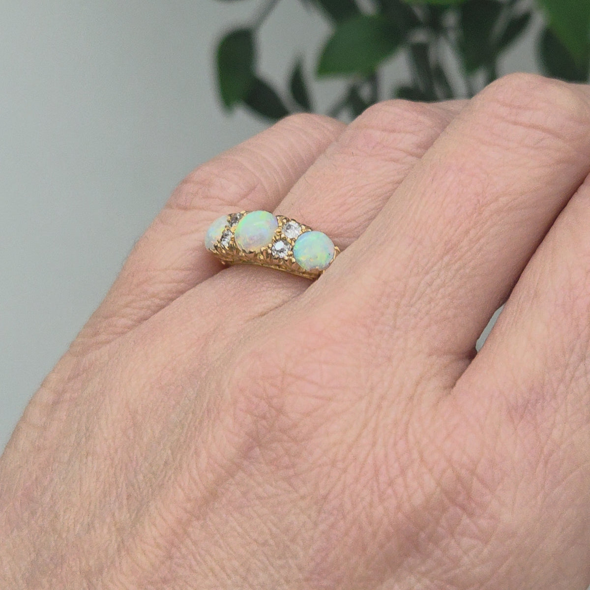 Edwardian Antique Opal Three Stone Carved Hoop Ring with Diamonds