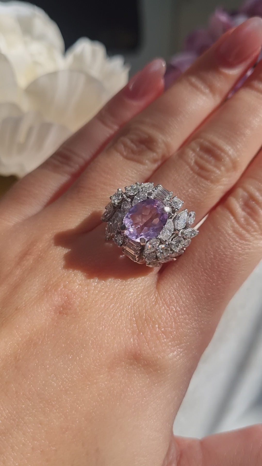 Vintage Lilac Amethyst and Diamond Cluster Cocktail Ring