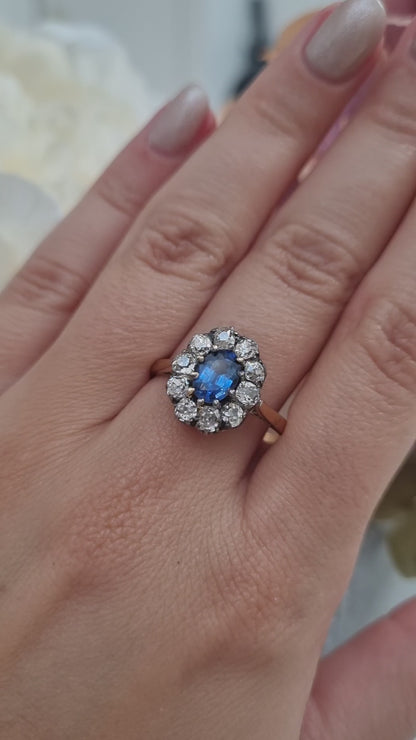 Victorian Antique 1.20ct Oval Sapphire and Old Cut Diamond Cluster Engagement Ring