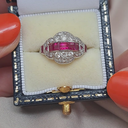 Art Deco Burma Ruby and Diamond Cluster Dress Ring