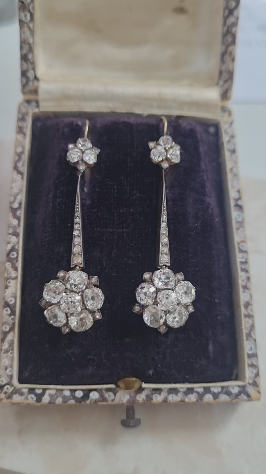 Edwardian Antique 6.8ct Old Cut Diamond Floral Cluster Drop Earrings