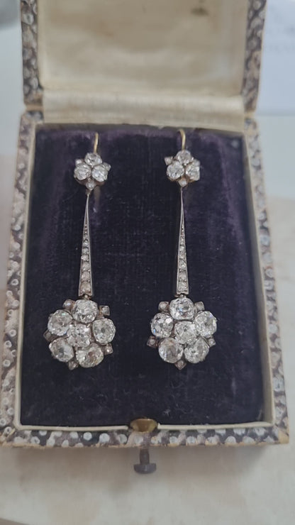 Edwardian Antique 6.8ct Old Cut Diamond Floral Cluster Drop Earrings
