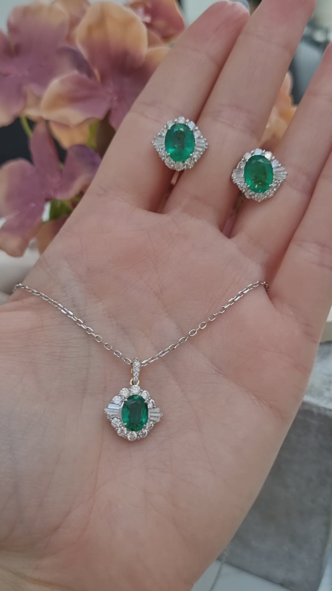 1.27ct Oval Emerald and Diamond Pendant with Chain