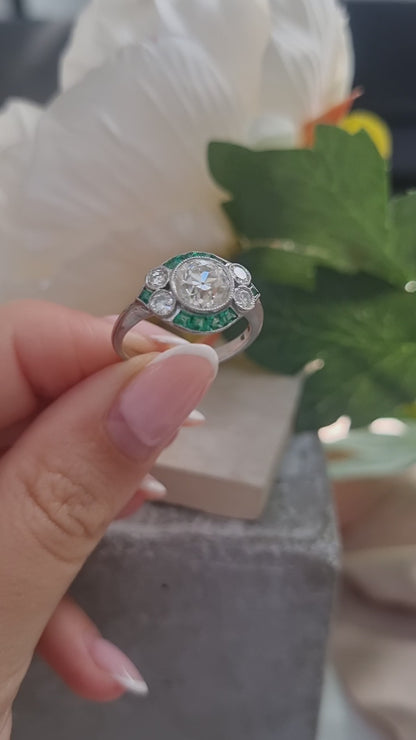 Art Deco Inspired 1.21ct Diamond and Emerald Target Cluster Ring in Platinum