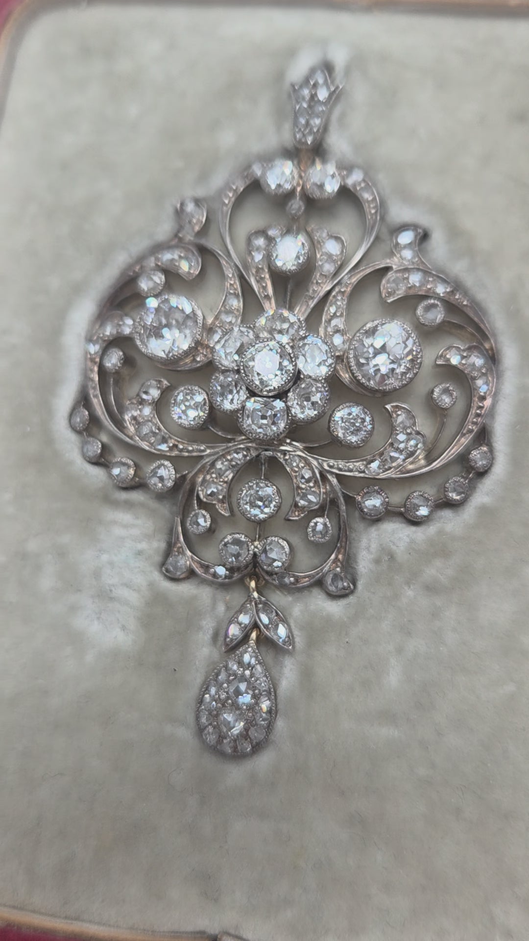 Victorian Antique Old Cut Diamond Scroll Drop Pendant