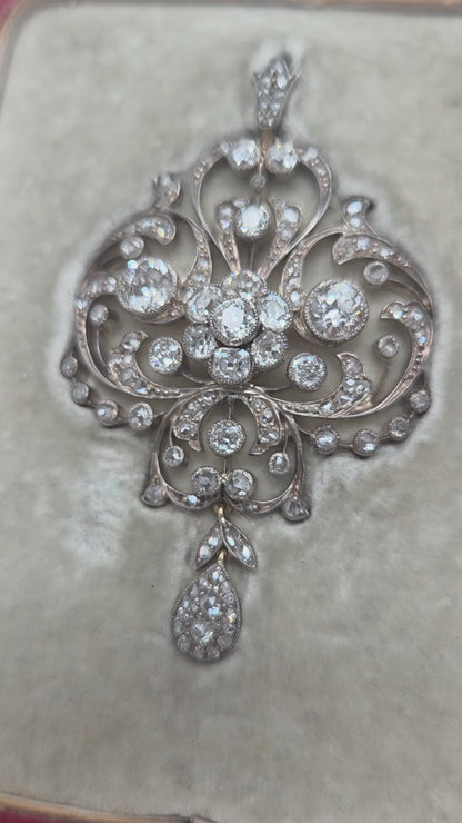 Victorian Antique Old Cut Diamond Scroll Drop Pendant