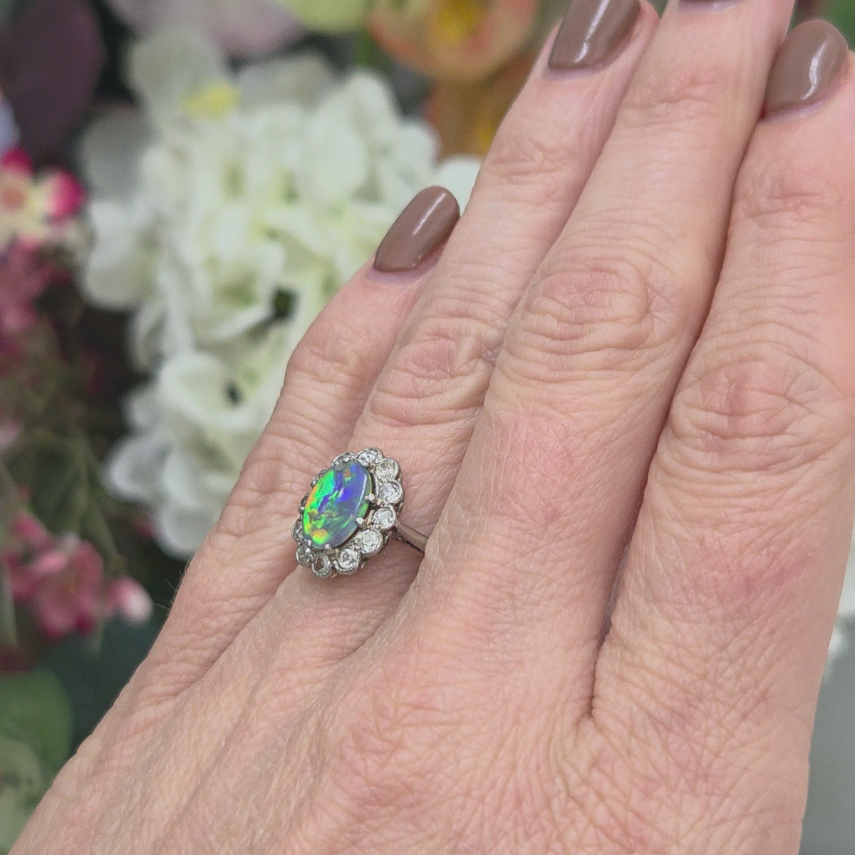 Antique Black Opal and Old Cut Diamond Cluster Engagement Ring in Platinum