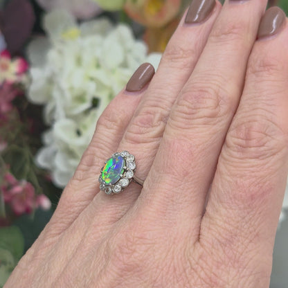 Antique Black Opal and Old Cut Diamond Cluster Engagement Ring in Platinum
