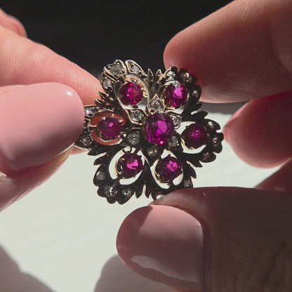 Antique Natural Ruby and Diamond Floral Cluster Pendant