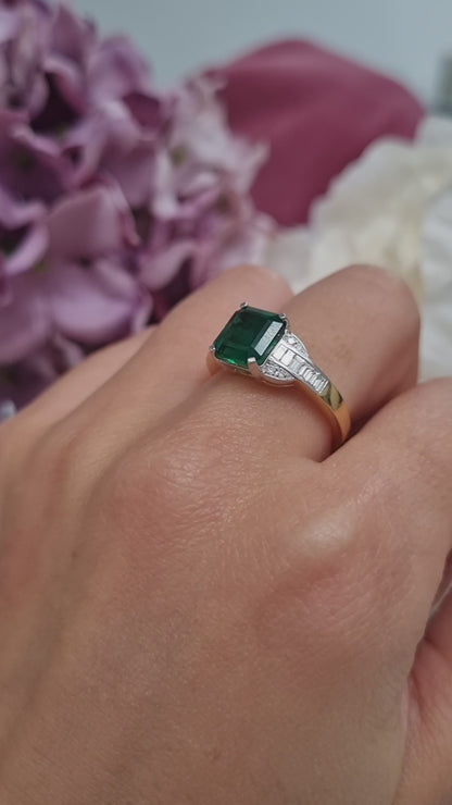 2.30ct Octagonal Cut Emerald and Baguette Diamond Cluster Engagement Ring