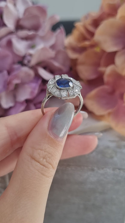 Art Deco French 1.87ct Sapphire and Diamond Cluster Plaque Ring in Platinum