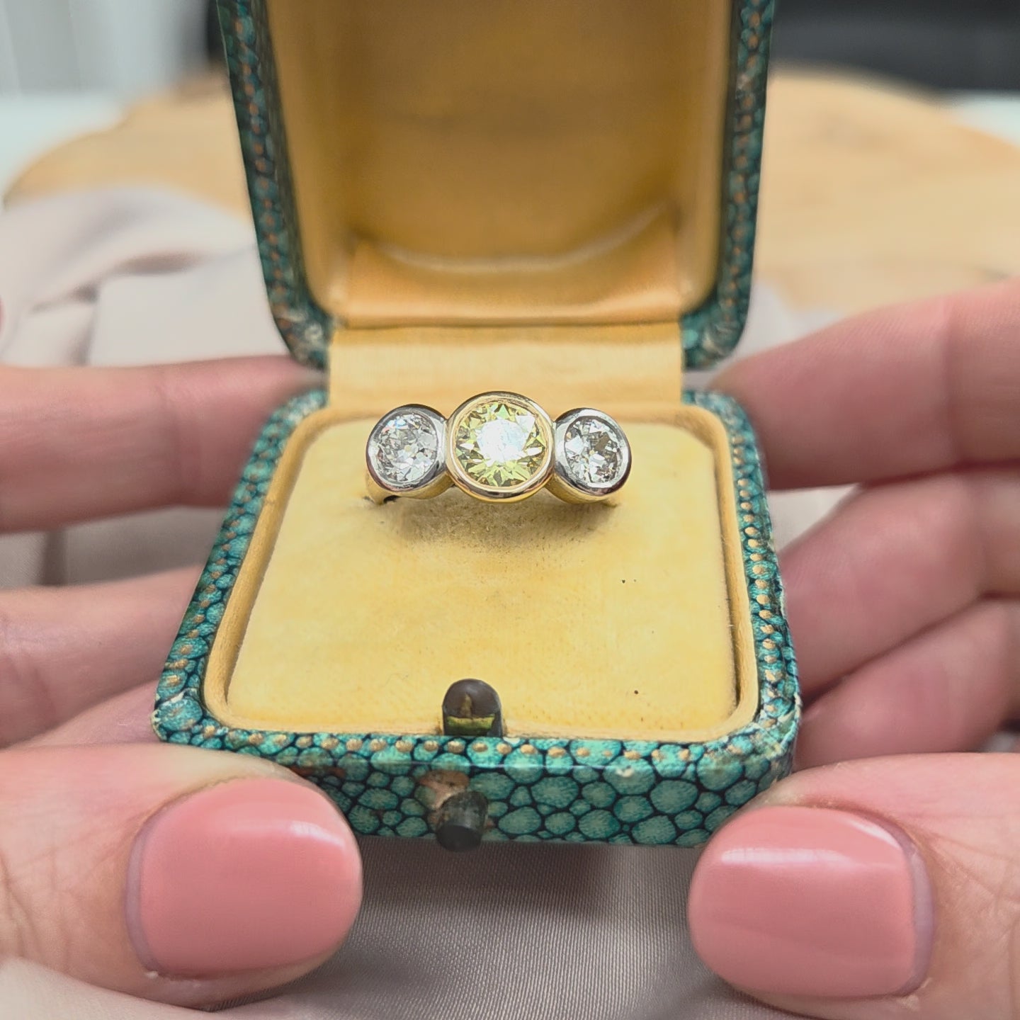 Edwardian Antique Yellow and White Diamond Three Stone Ring