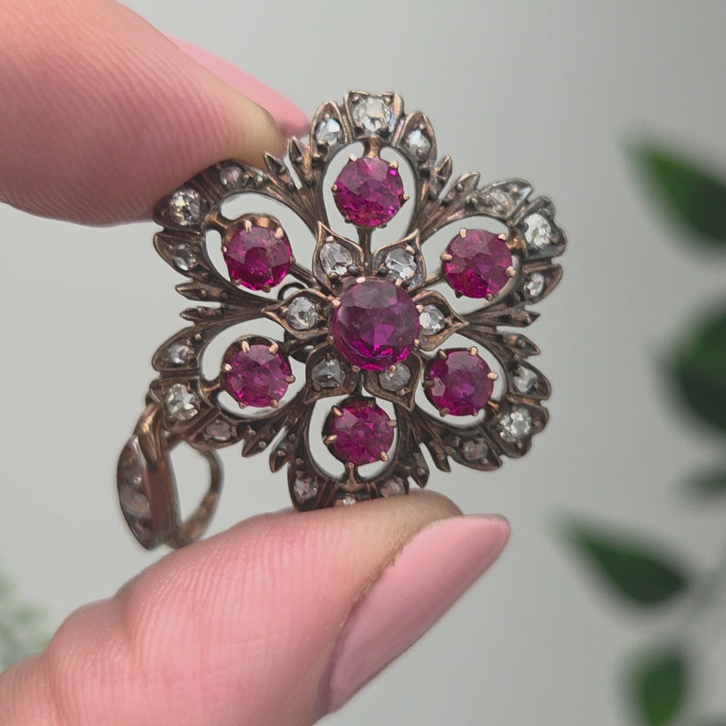 Antique Natural Ruby and Diamond Floral Cluster Pendant
