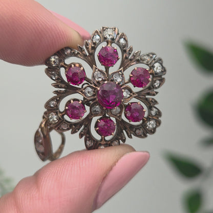 Antique Natural Ruby and Diamond Floral Cluster Pendant