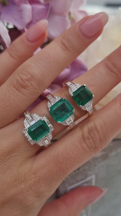 2.30ct Octagonal Cut Emerald and Baguette Diamond Cluster Engagement Ring