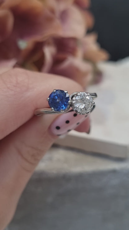 Art Deco Antique Sapphire and Diamond Crossover Ring