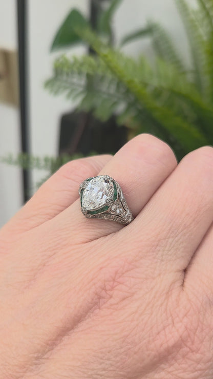 Edwardian Antique GIA 2.03ct Pear Shape Old Mine Cut Diamond and Emerald Target Cluster Engagement Ring in Platinum