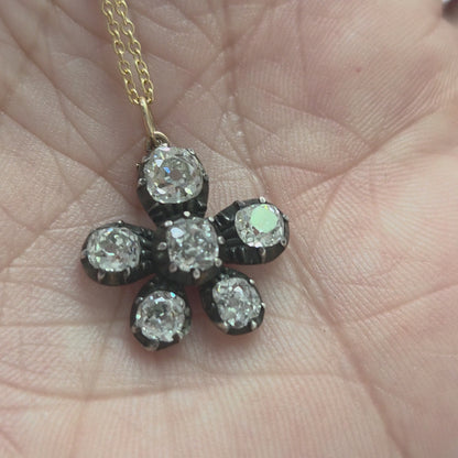 Antique 1.80ct Old Cut Diamond Flower Pendant with Chain