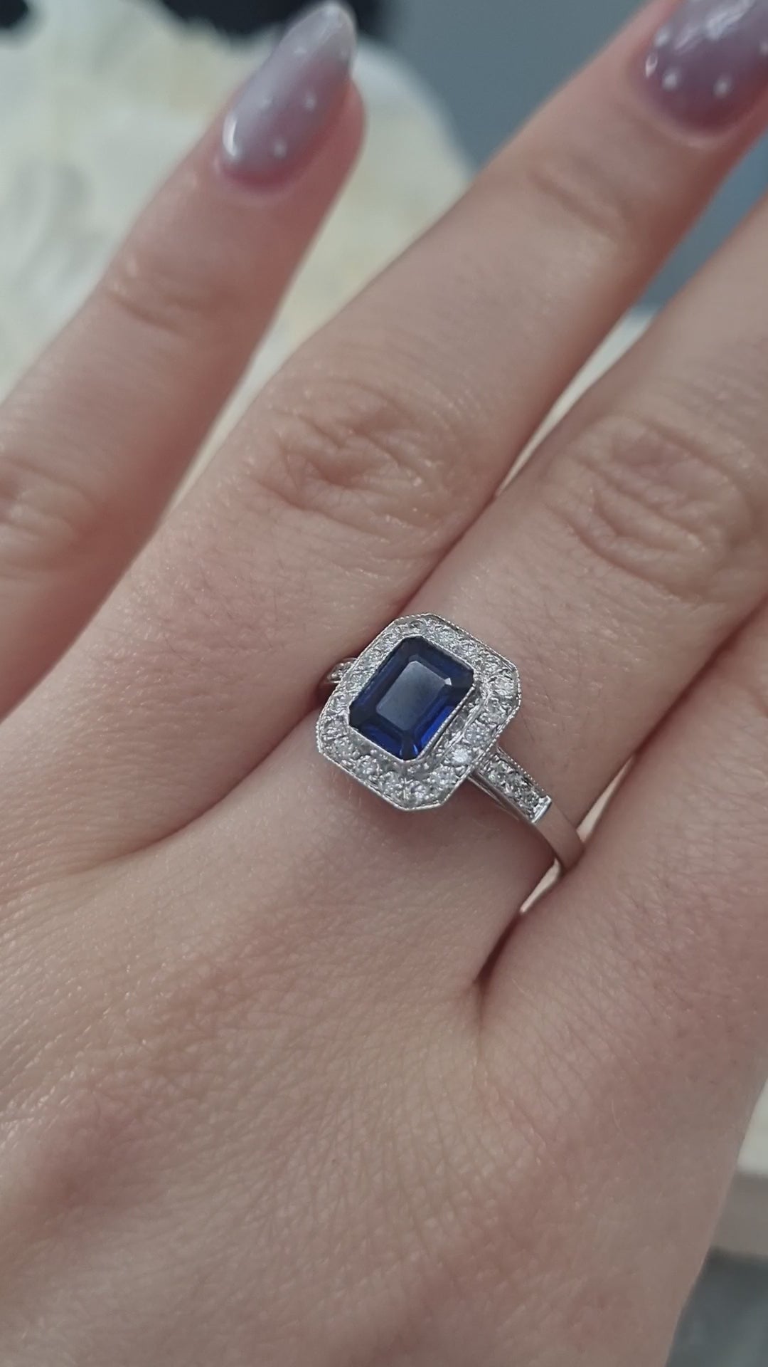 1ct Octagonal Cut Sapphire and Diamond Cluster Engagement Ring