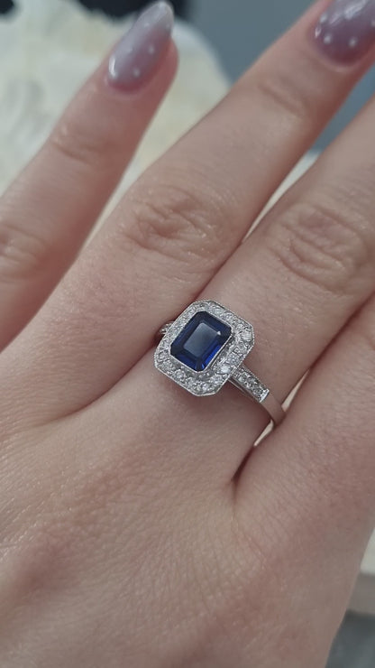 1ct Octagonal Cut Sapphire and Diamond Cluster Engagement Ring