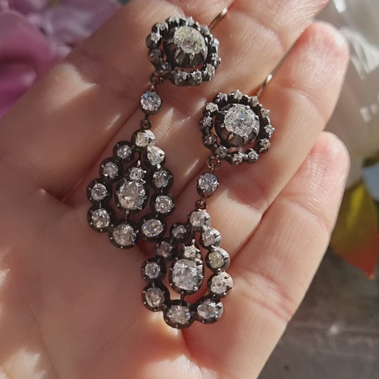 Georgian Antique 5ct Old Cut Diamond Cluster Drop Earrings