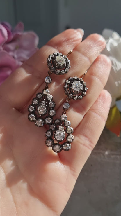 Georgian Antique 5ct Old Cut Diamond Cluster Drop Earrings