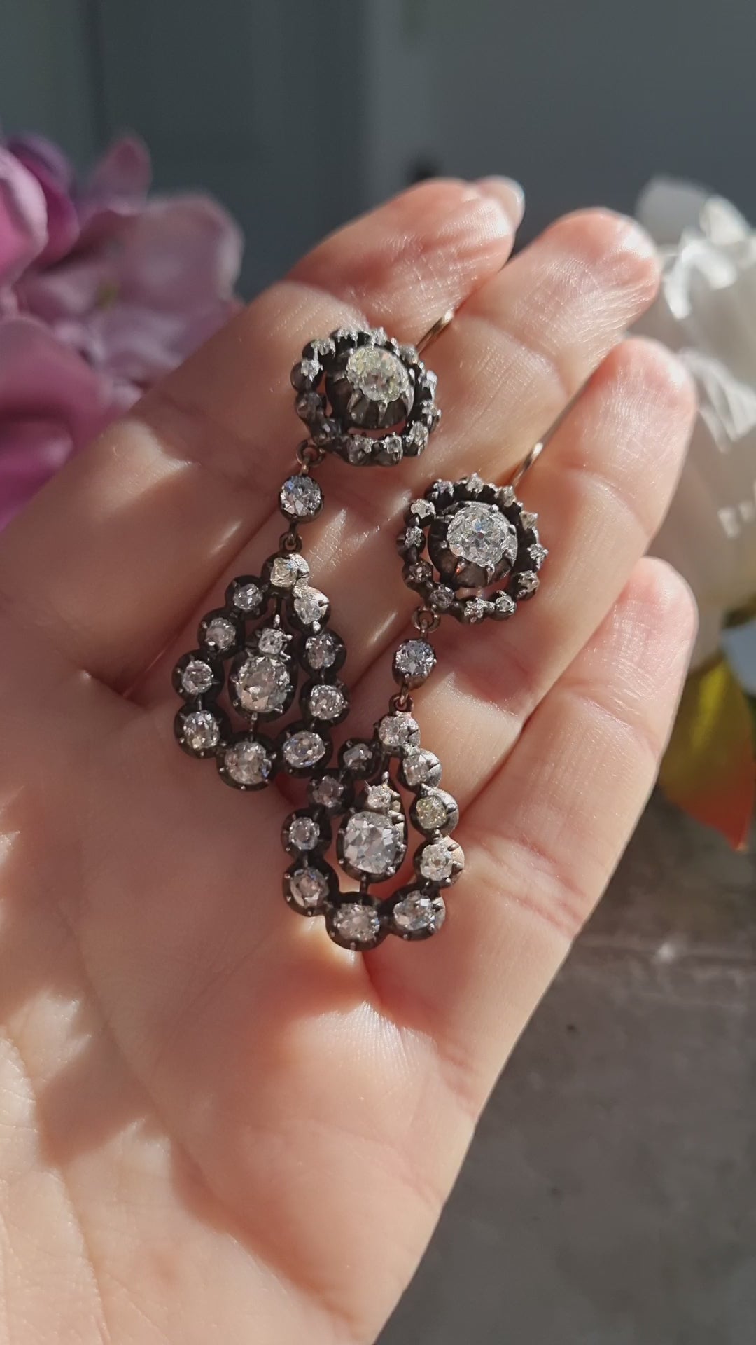 Georgian Antique 5ct Old Cut Diamond Cluster Drop Earrings