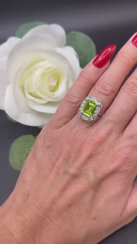 Antique 18 ct White Gold And Platinum, 1920's Peridot And Diamond Rectangular Halo Cluster Ring
