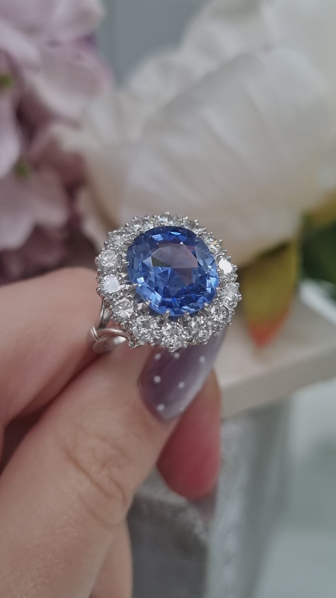 Natural Cornflower Ceylon Sapphire and Diamond Cluster Ring