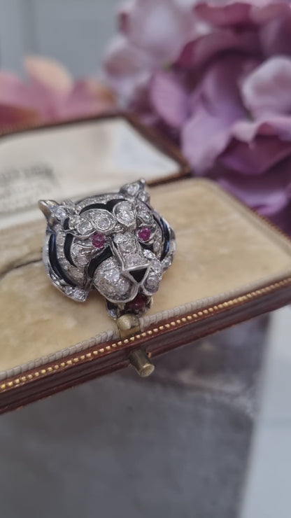 Antique Diamond and Black Enamel Tiger Brooch