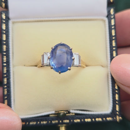 Vintage 3.7ct Oval Sapphire and Baguette Diamond Engagement Ring