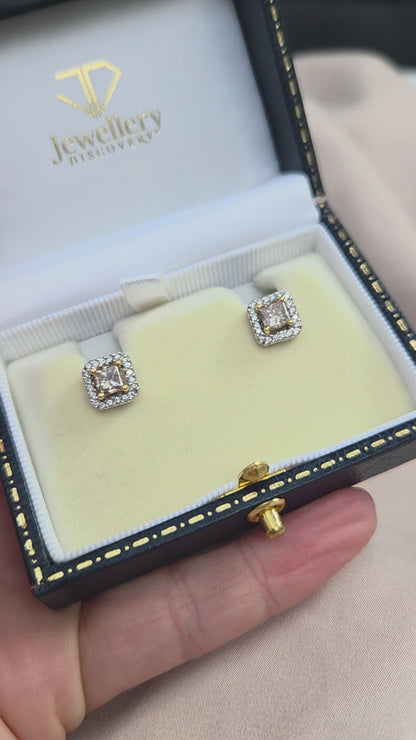 1.02ct Princess Cut Yellow Diamond and White Diamond Cluster Stud Earrings