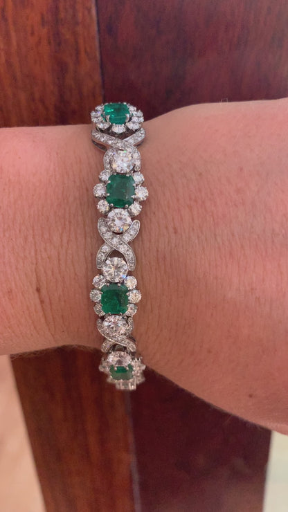 1950's Colombian Emerald and Diamond Bracelet in White Gold