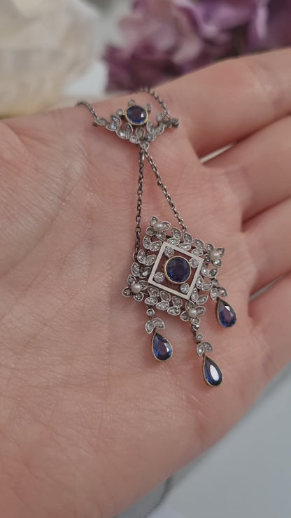 Antique Sapphire and Diamond Drop Pendant