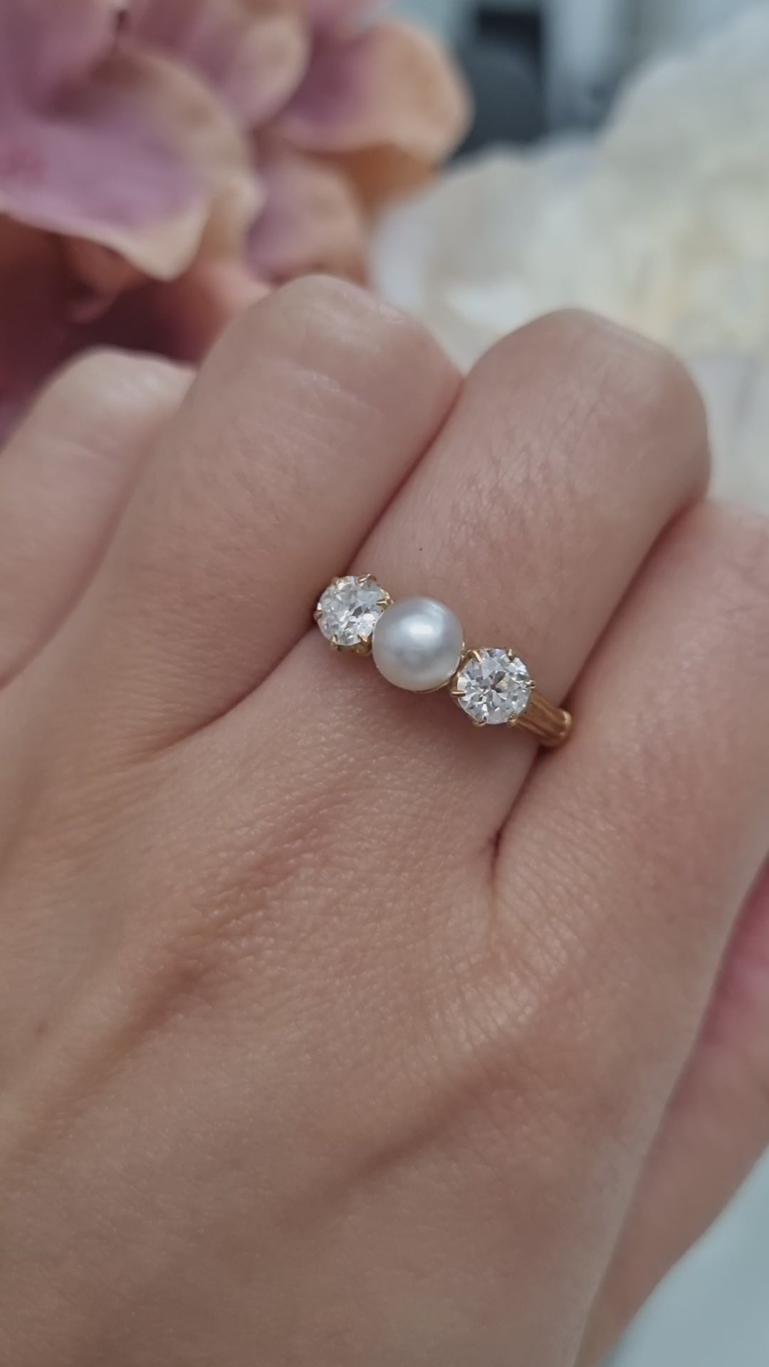Victorian Antique Natural Pearl and Old Cut Diamond Three Stone Engagement Ring
