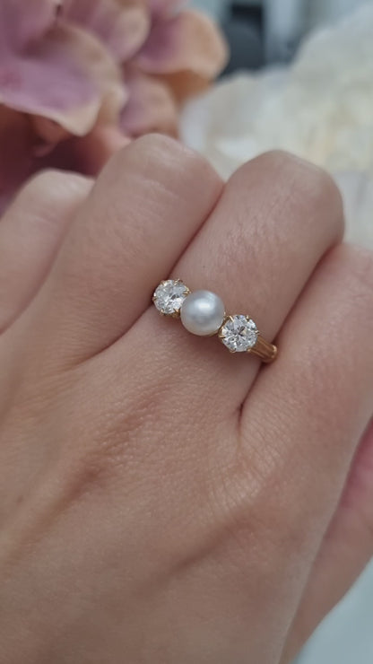 Victorian Antique Natural Pearl and Old Cut Diamond Three Stone Engagement Ring