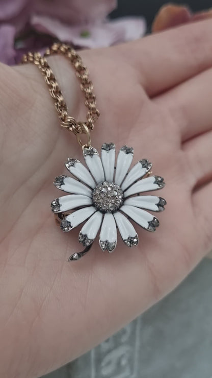 Victorian 18 Carat Gold, Silver, Enamel and Diamond Flower Brooch/Pendant