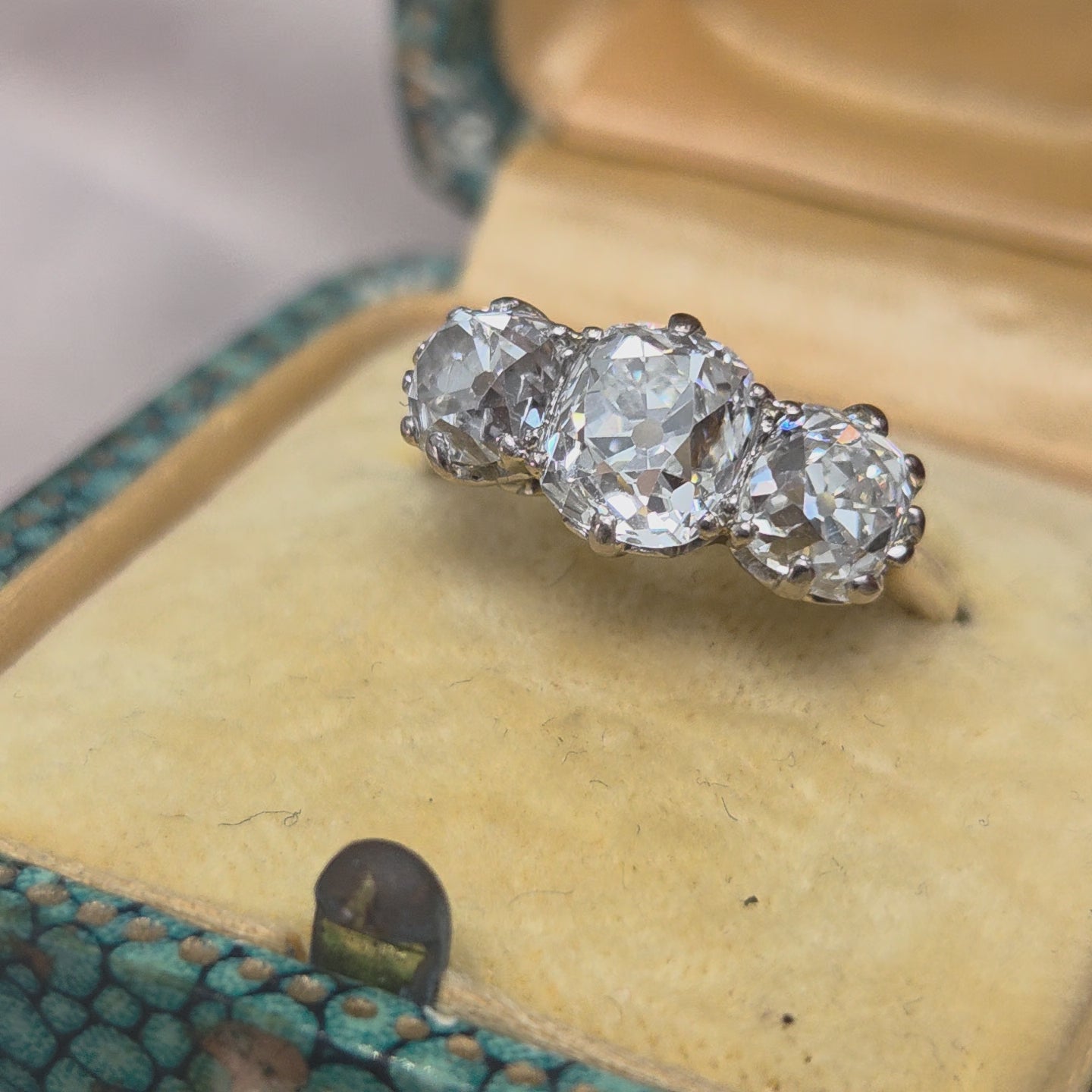 Antique 3.40ct Old Mine Cut Diamond Three Stone Engagement Ring