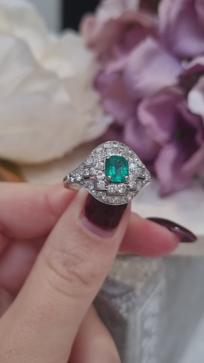 Art Deco Emerald and Diamond Cluster Dress Ring in Platinum