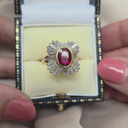 Oval Ruby and Tapered Baguette Diamond Ballerina Cluster Ring